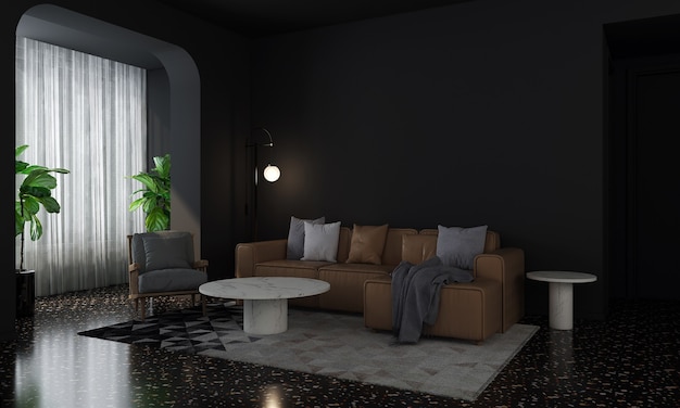 Modern home and decoration mock up furniture and interior design of cozy living room and empty black wall texture background 3d rendering