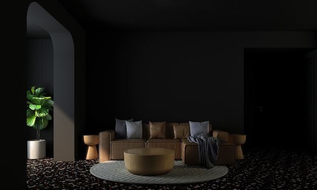 Modern home and decoration mock up furniture and interior design of living room and black wall texture background 3d rendering