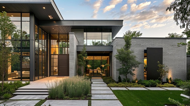 modern home design exterior gray brick walls modern country house Generative Ai