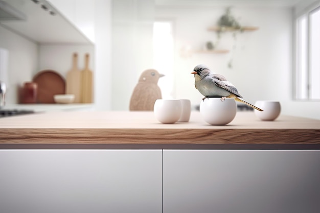 モダンなホーム デザインの白いテーブル トップまたは棚、ミニマリストの鳥の装飾バーディーの小物、スツール付きのぼやけた白と木製の島の上に