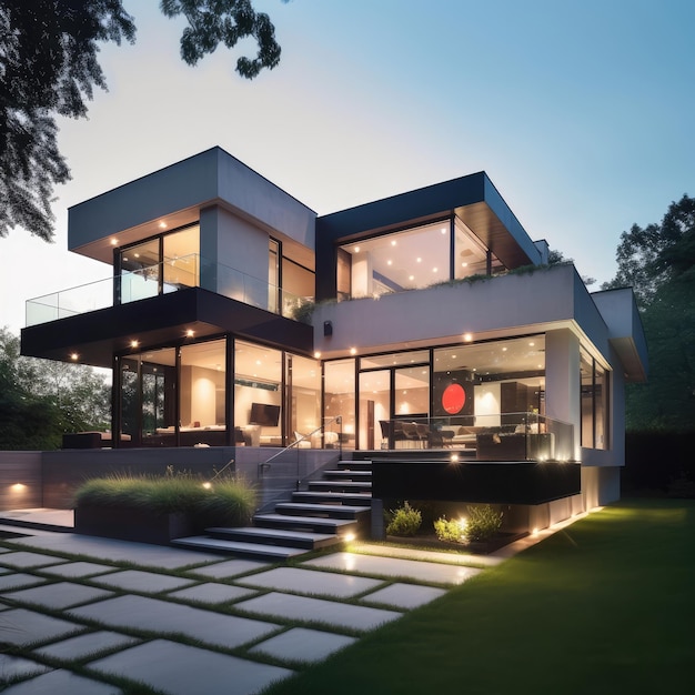 정원과 하늘을 배경으로 현대적인 홈 디자인