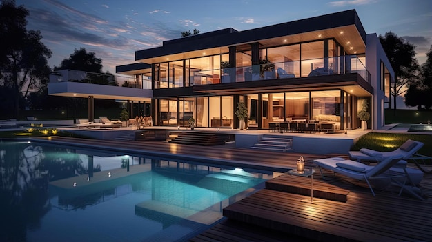 modern home in the evening with lighting out over the pool