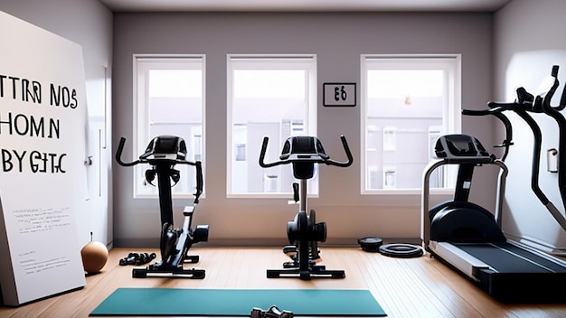 Modern home gym center with indoor cycling equipment and health club with exercise equipment