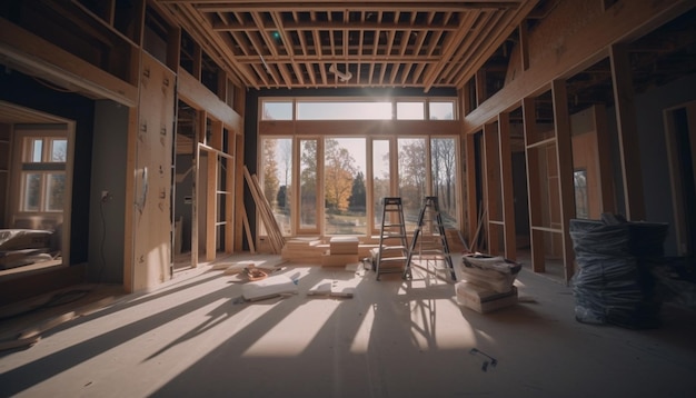 Современный дизайн интерьера дома с деревянным полом и строительным каркасом, созданным искусственным интеллектом