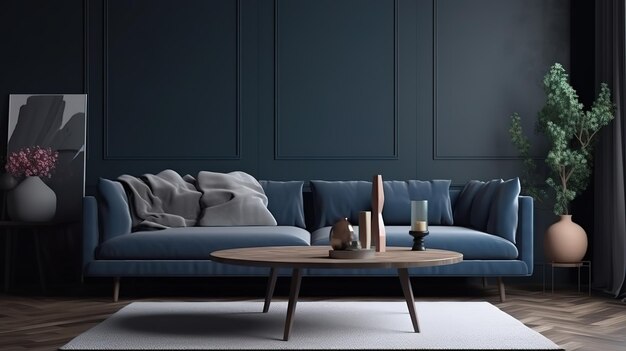 Современный макет домашнего интерьера с темно-синим диванным столиком и декором в гостиной Generative Ai