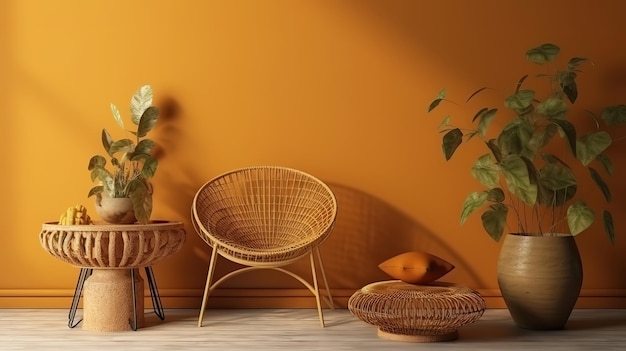 Modern home interior with rattan furniture and dry plant in vase Generative Ai