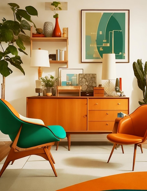 Современный интерьер дома с изящной мебелью и яркими цветами, созданными с помощью генеративного искусства.