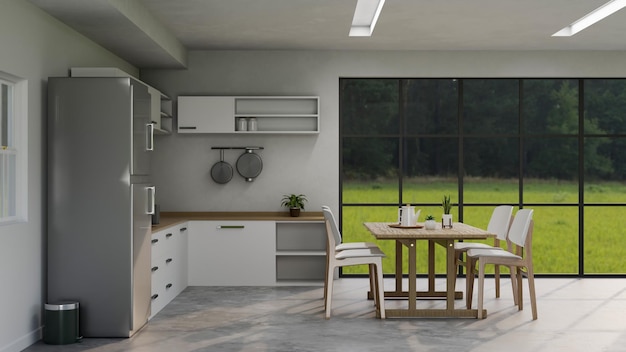 Современный интерьер домашней кухни с холодильником для приготовления пищи и минимальным белым обеденным столом