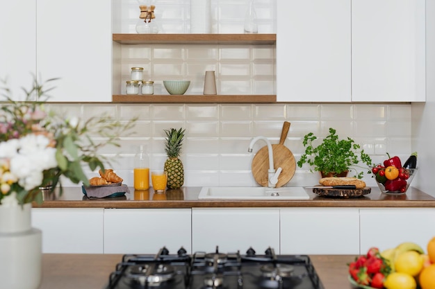 Modern home kitchen with various fruits