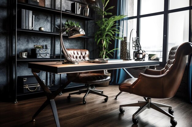 Modern home Office Desk Interior design decorated with Metal Glass Leather material