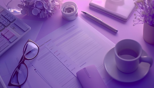 Photo modern home office desk with computer coffee cup and stationery in purple hue