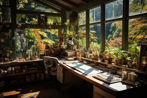 Современный домашний офис с видом на сад Техническая установка Кофе Комфорт и Декор, вдохновленный природой