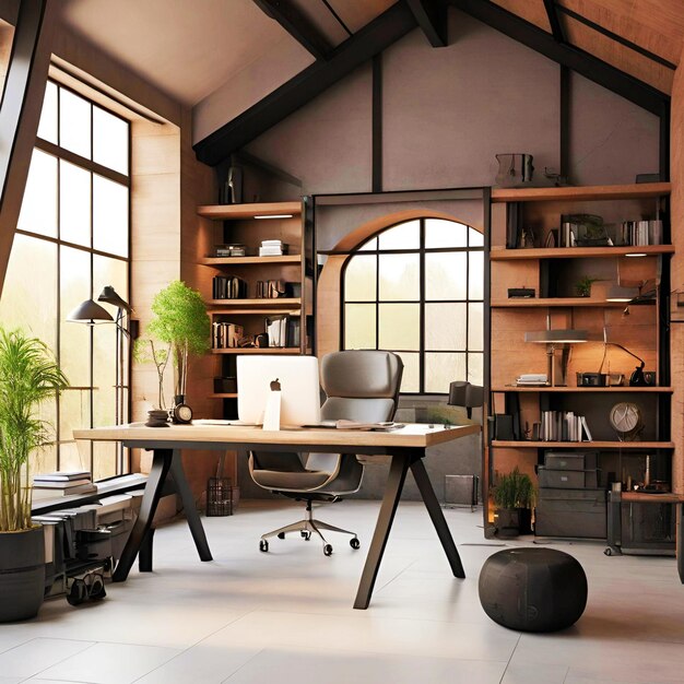 Modern home office interior in loft industrial style 3d render