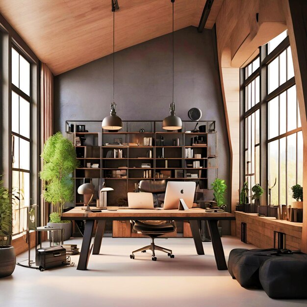 Modern home office interior in loft industrial style 3d render