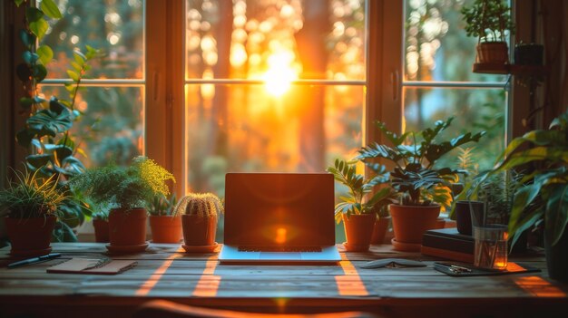 A modern home office setup sleek minimalist design laptop open on the desk sunlight streaming thr