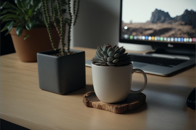 나무 책상 위에 노트북, 커피 컵, 즙이 많은 현대적인 홈 오피스 설정