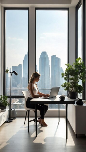 Modern Home Office with City Skyline View