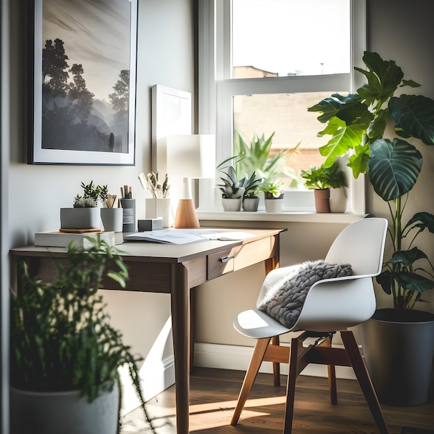 A modern home office with clean lines, neutral colors ,natural elements concept design