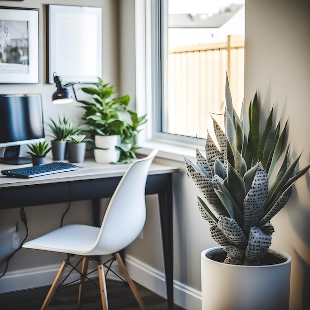 A modern home office with clean lines, neutral colors ,natural elements concept design