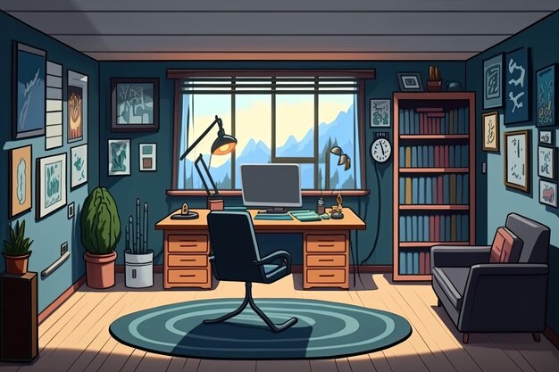 Modern Home Office with Computer Desk Chair and Bookshelf Generative AI