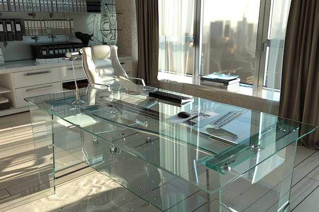 Photo modern home office with a glasstop desk ergonomic