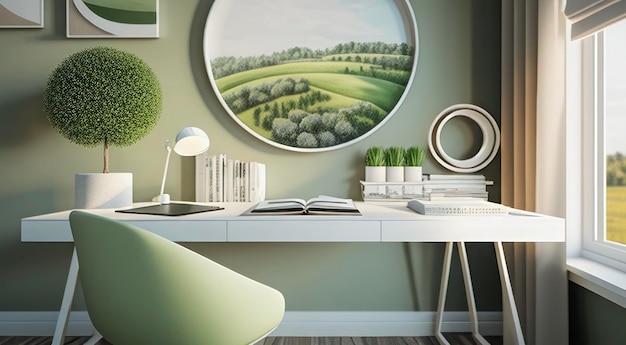 Photo modern home office with green accents and nature art