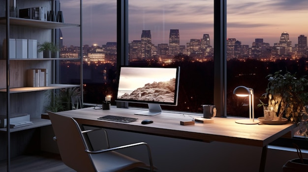 modern home office with illuminated computer monitor