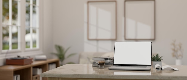 A modern home office with a laptop mockup on a desk