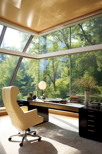 大きな窓と森の景色を持つ近代的なホームオフィス