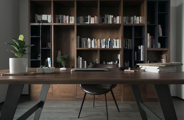 modern home office with wooden desk and bookshelf