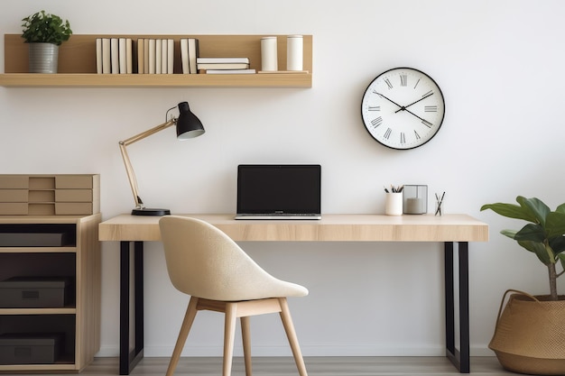 Modern home office with wooden desk and office chair