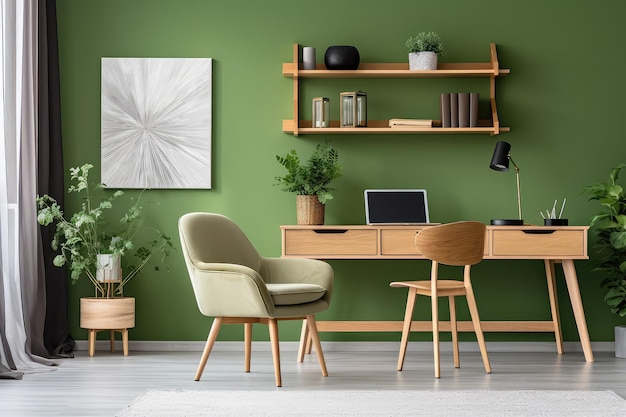 Modern home office with wooden desk and office chair