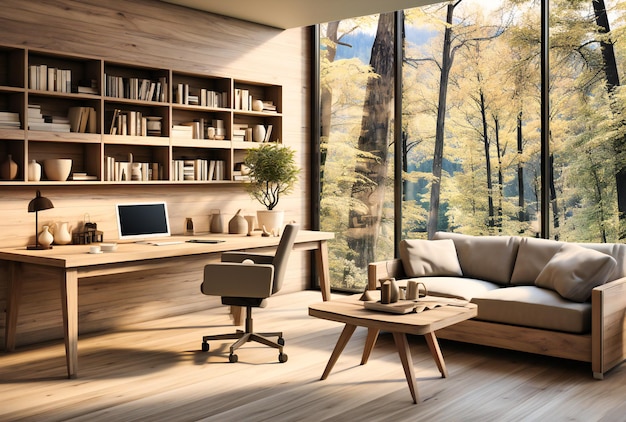 A modern home office in wood and wood with some pictures