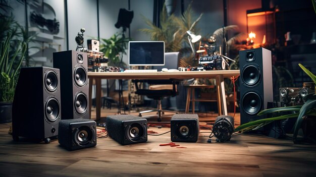 Photo modern home recording studio setup with multiple monitors speakers and audio equipment on a desk