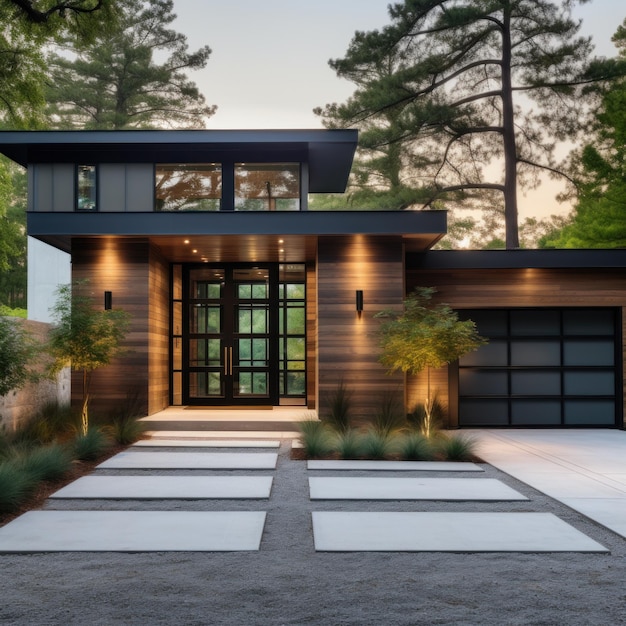 Photo modern home surrounded by towering trees boasts an impressive entrance with a grand wooden door