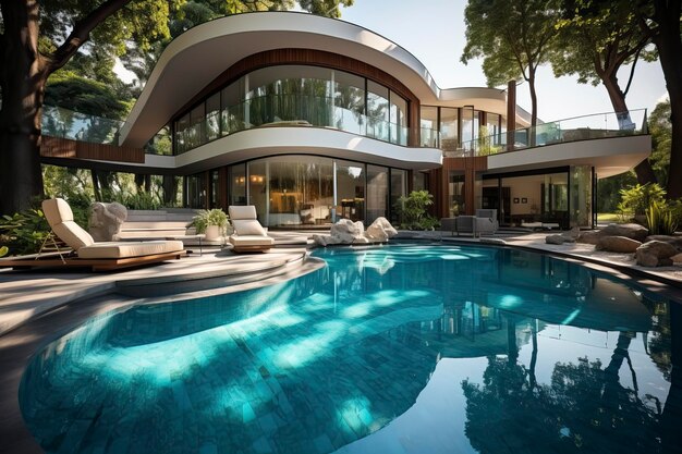 A modern home and swimming pool next to the ocean