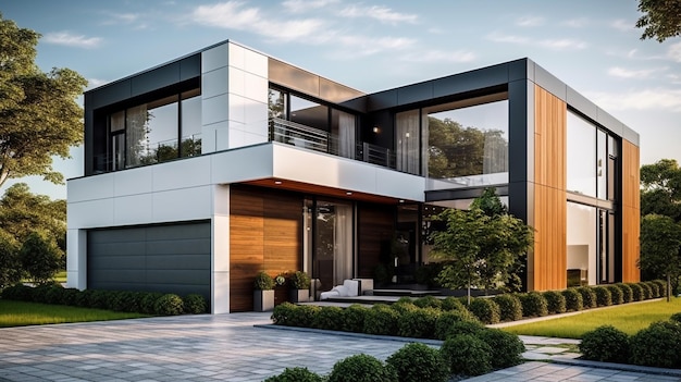 A modern home with a black and white exterior and a large window.