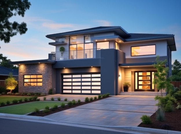 modern home with double garage at dusk