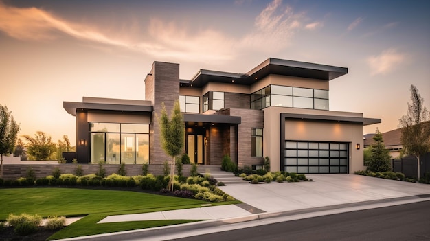 A modern home with a garage door