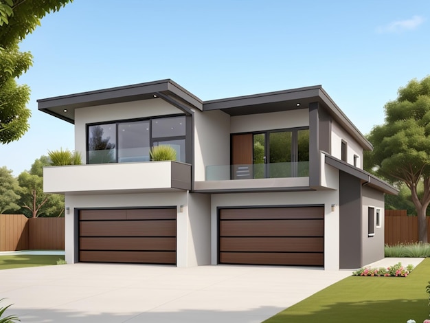 A modern home with a garage and a garage door a garden car