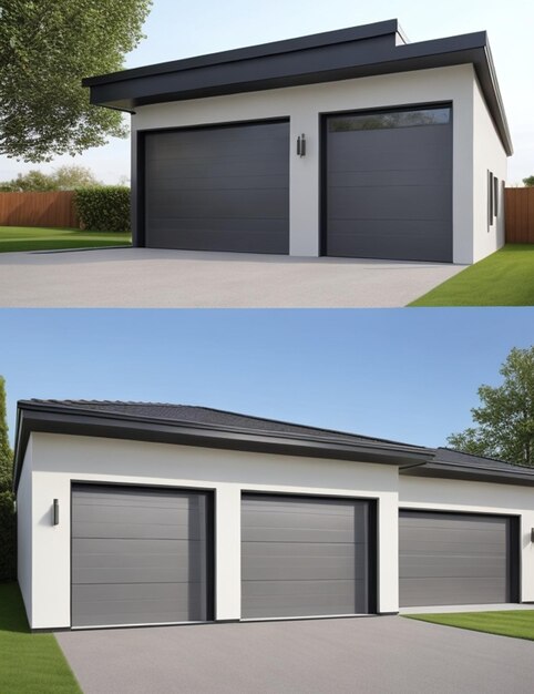 A modern home with a garage and a garage door a garden car