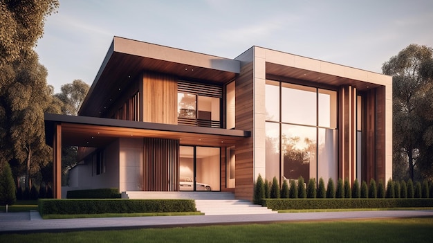 A modern home with a large front door and a large window