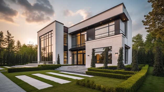 A modern home with a large front yard and a lawn