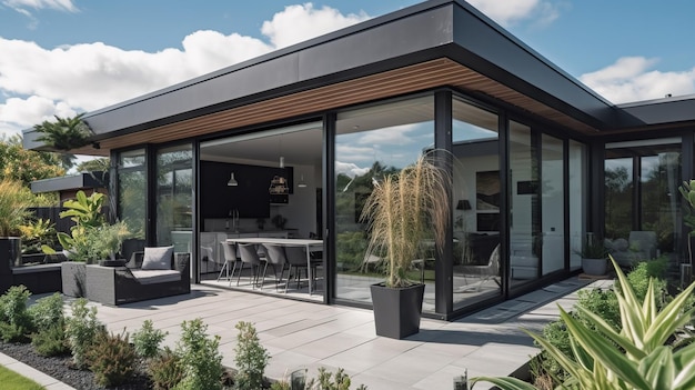 A modern home with a large glass door and a black roof.