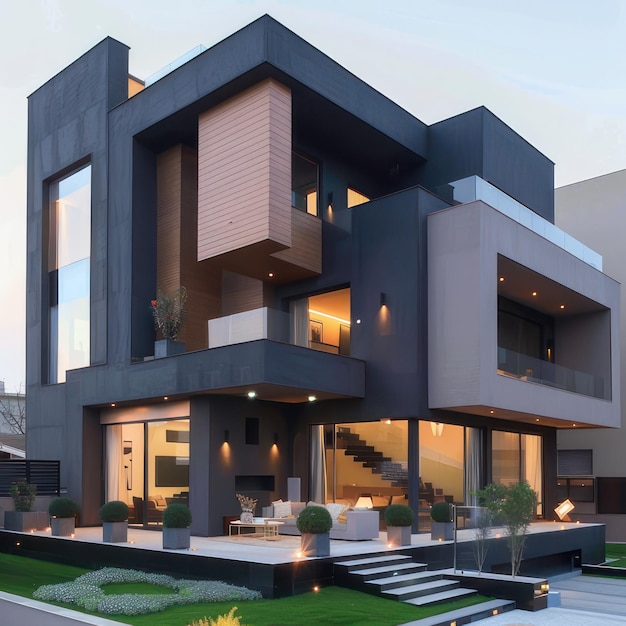 a modern home with a lot of windows and a staircase