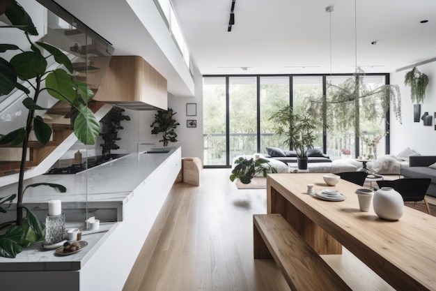 Современный дом с минималистичным декором и растениями в каждой комнате, созданный с помощью генеративного искусственного интеллекта