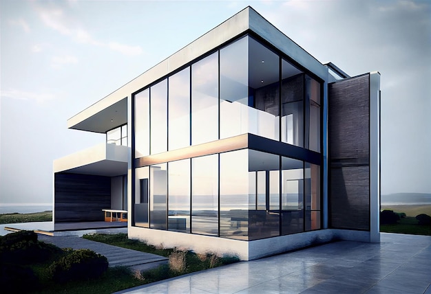 Modern home with sea view in the style of surreal architectural landscapes monochromatic serenity