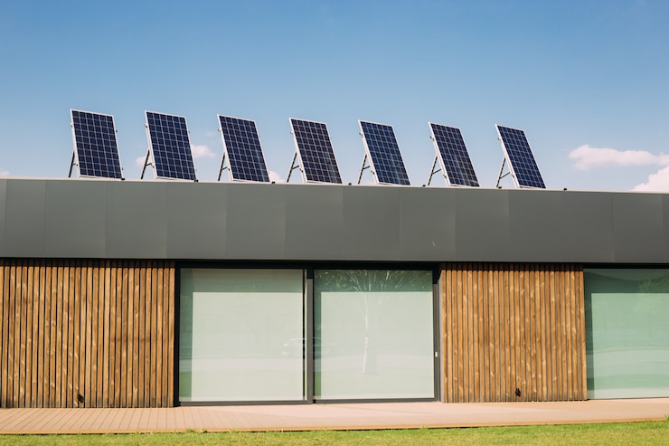 Photo modern home with a solar panel on the roof. green power, renewable alternative energy