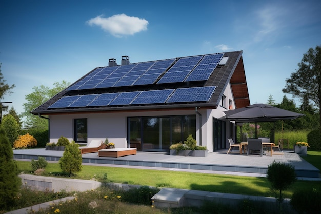 태양 전지 패널로 현대적인 집 태양 아래의 지속 가능성