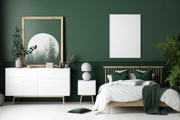 Modern homes have magnificent beds sideboards mirrors paintings and wood decorations green Template